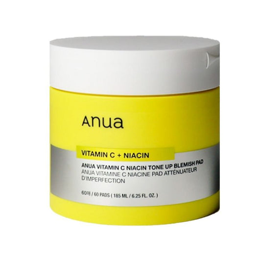 Disques imprégnés Anua à la vitamine C et à la niacinamide pour illuminer le teint, réduire les taches, exfolier en douceur et hydrater, adaptés à tous les types de peau, même sensibles.